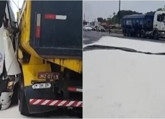 Acidente entre carreta e caçamba espalha produto químico pela pista e bloqueia BR-324