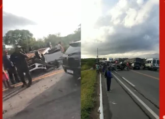 ACIDENTE ENTRE CARROS E CAMINHÃO DEIXA DOIS FERIDOS NA BA-052; SUSPEITA É QUE MOTORISTA COCHILOU AO VOLANTE