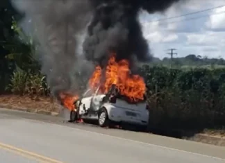 Carro fica destruído após pegar fogo na BA-263, no sudoeste da Bahia