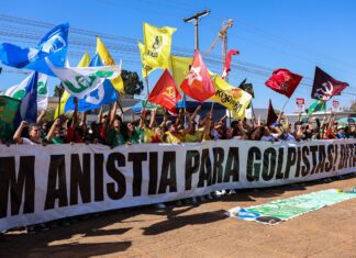 Em ato pró-soberania, manifestantes queimam bandeira e boneco de Trump