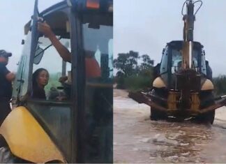 Mulher Utiliza Uma Retroescavadeira Para Atravessar Rio No Interior Da Bahia.